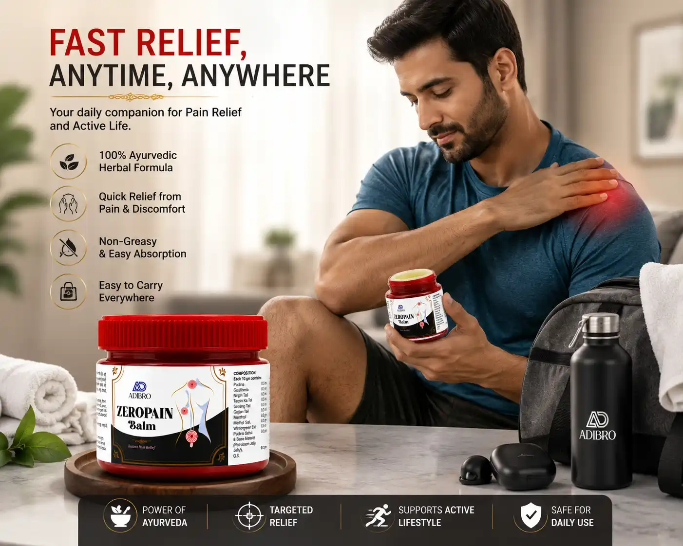 ADIBRO Zeropain Balm for Instant Pain Relief | Ayurvedic Herbal Balm for Headache, Joint & Muscle Pain