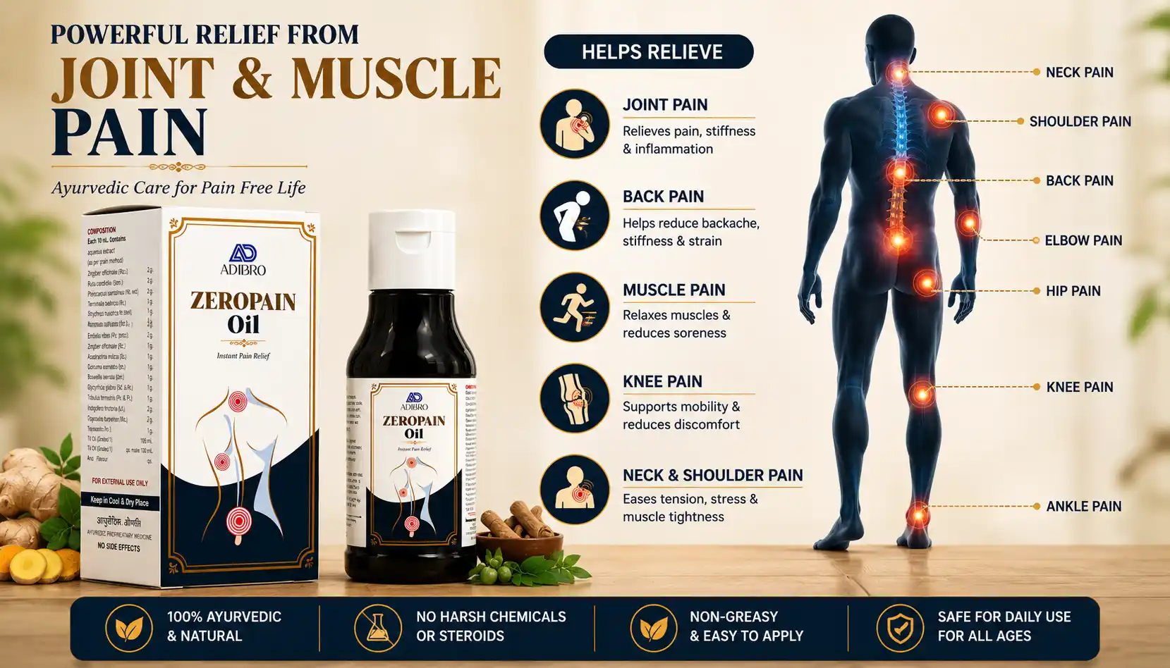 ADIBRO Zeropain Oil for Joint & Muscle Pain Relief | Ayurvedic Herbal Massage Oil for Body Pain Support thumbnail 4