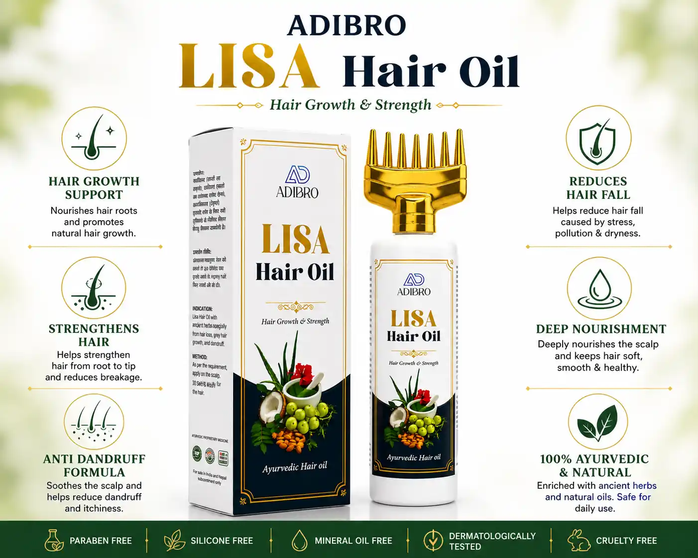 ADIBRO LISA Hair Oil for Hair Growth & Strength | Ayurvedic Herbal Hair Oil for Hair Fall Control & Scalp Care