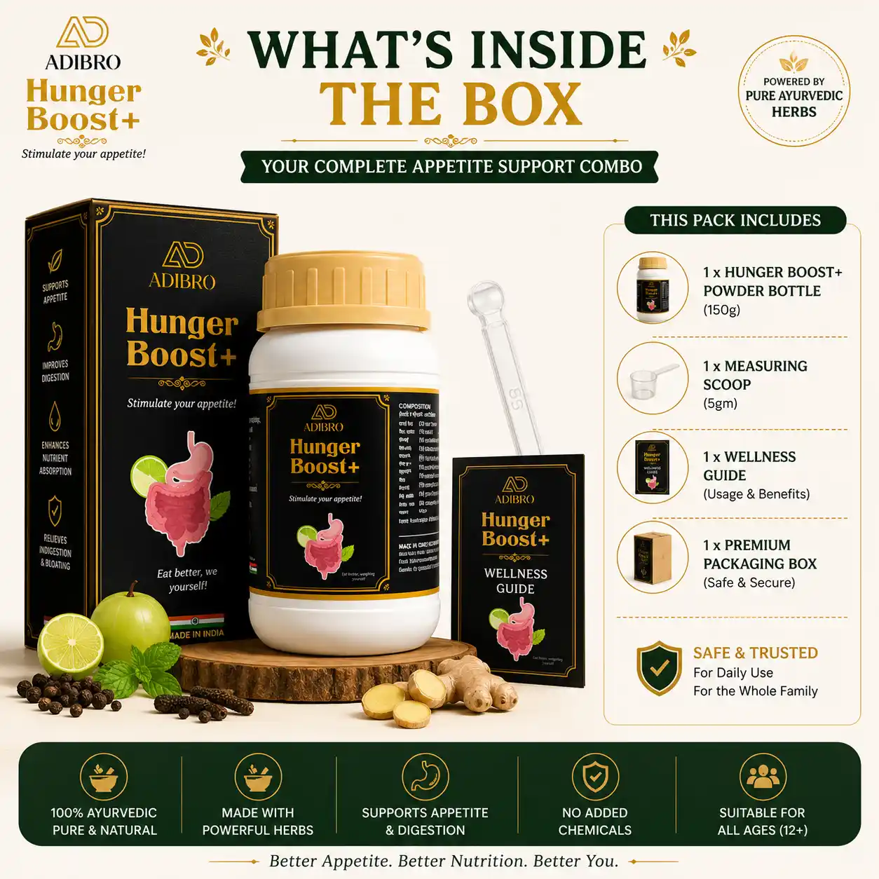 ADIBRO Hunger Boost+ Appetite Booster Powder | Ayurvedic Herbal Supplement for Healthy Digestion & Appetite Support thumbnail 3
