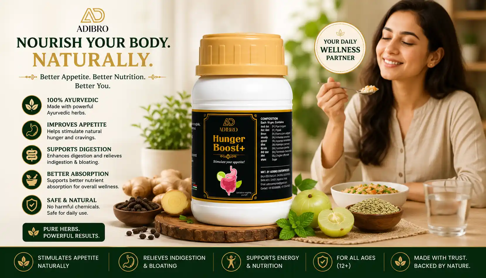 ADIBRO Hunger Boost+ Appetite Booster Powder | Ayurvedic Herbal Supplement for Healthy Digestion & Appetite Support thumbnail 5