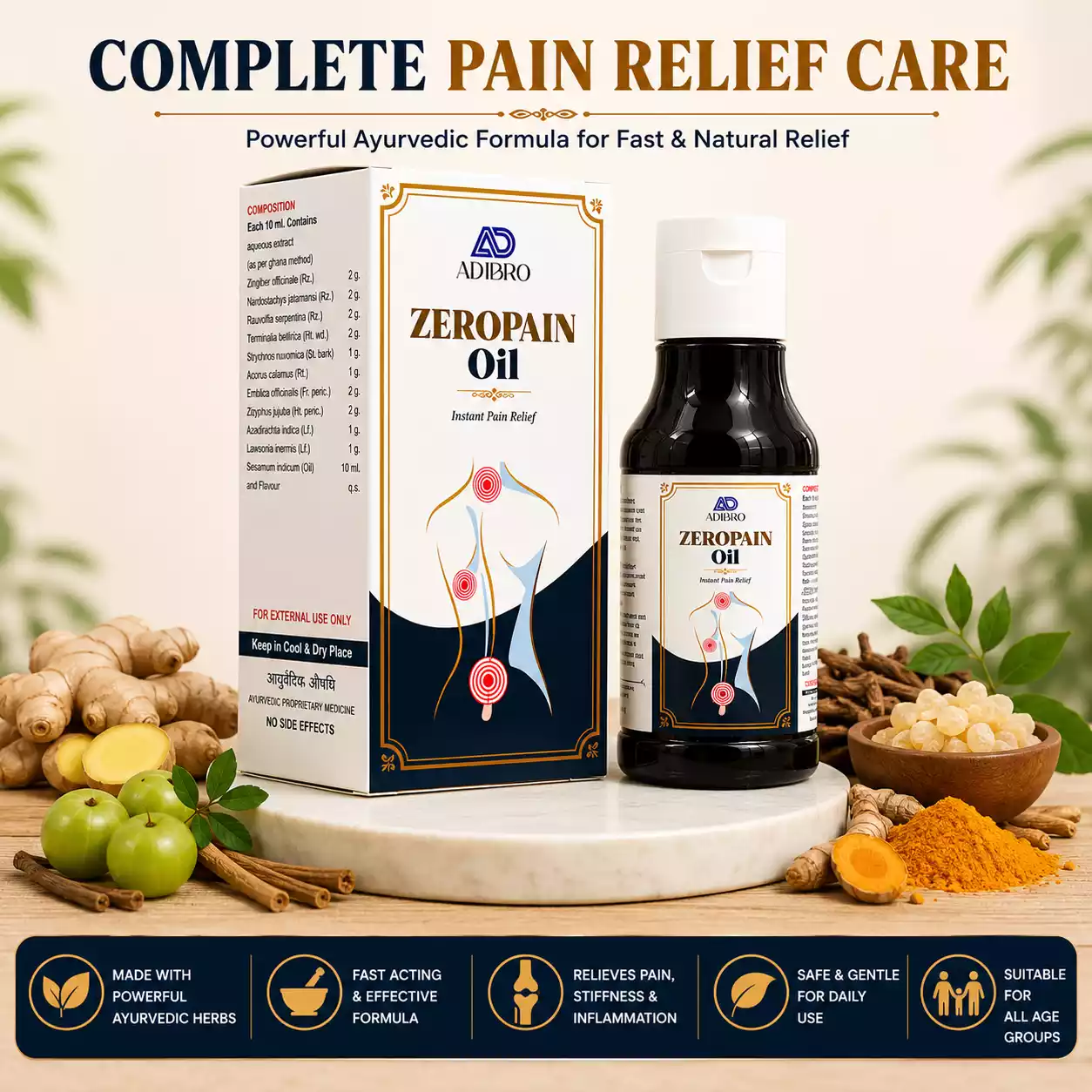 ADIBRO Zeropain Oil for Joint & Muscle Pain Relief | Ayurvedic Herbal Massage Oil for Body Pain Support thumbnail 6